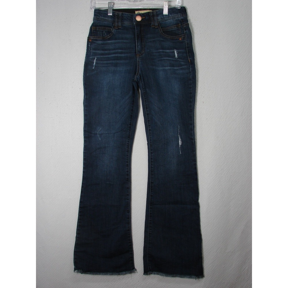 Democracy Blue Jeans AB Technology Itty Bitty Boot Mid Rise Flare Raw Hem Sz 4